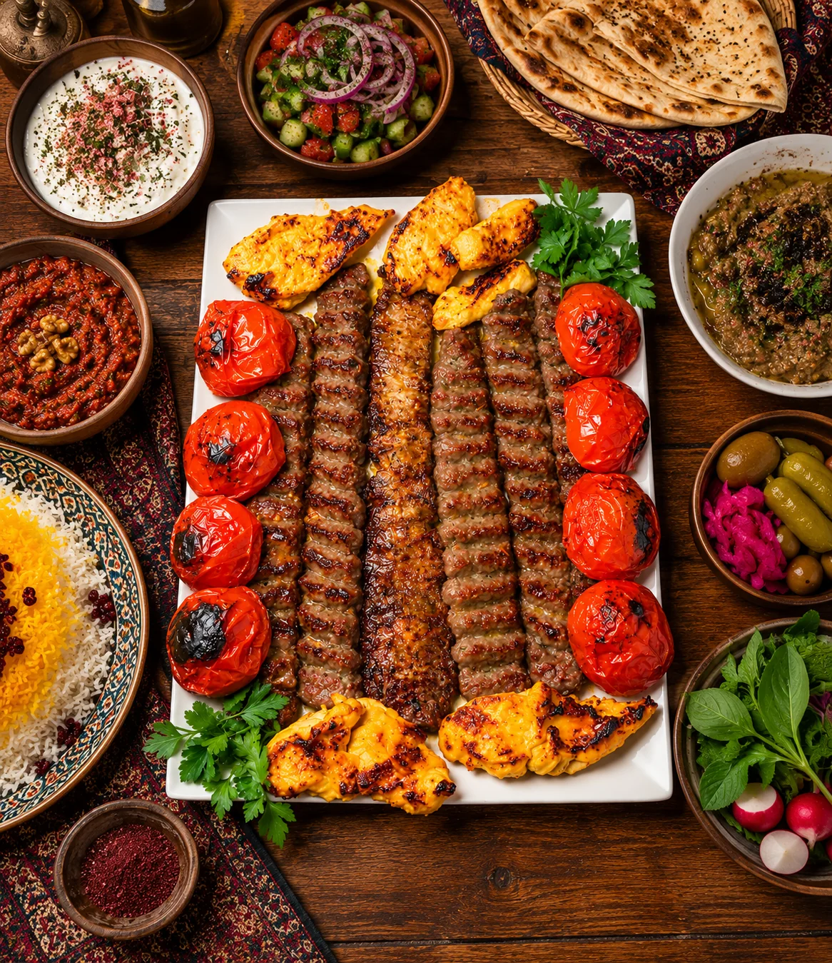 Persische Grillspieße mit Safranreis, Fladenbrot und gegrillten Tomaten