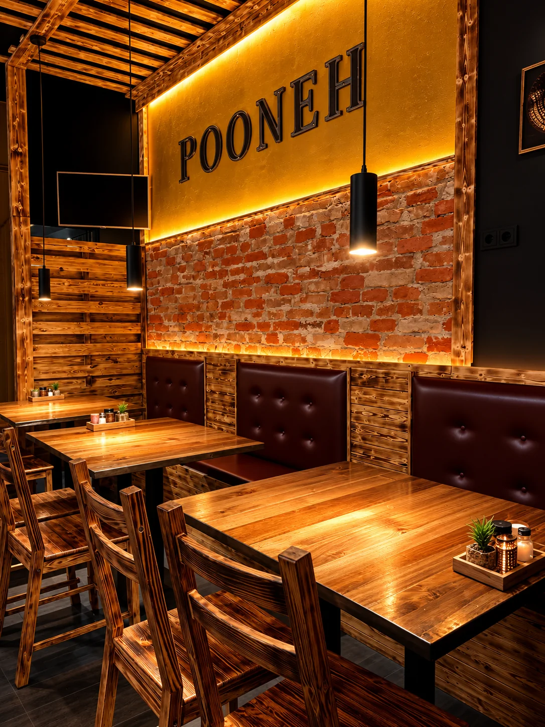 Salle du restaurant Pooneh avec mur de briques, bois et enseigne