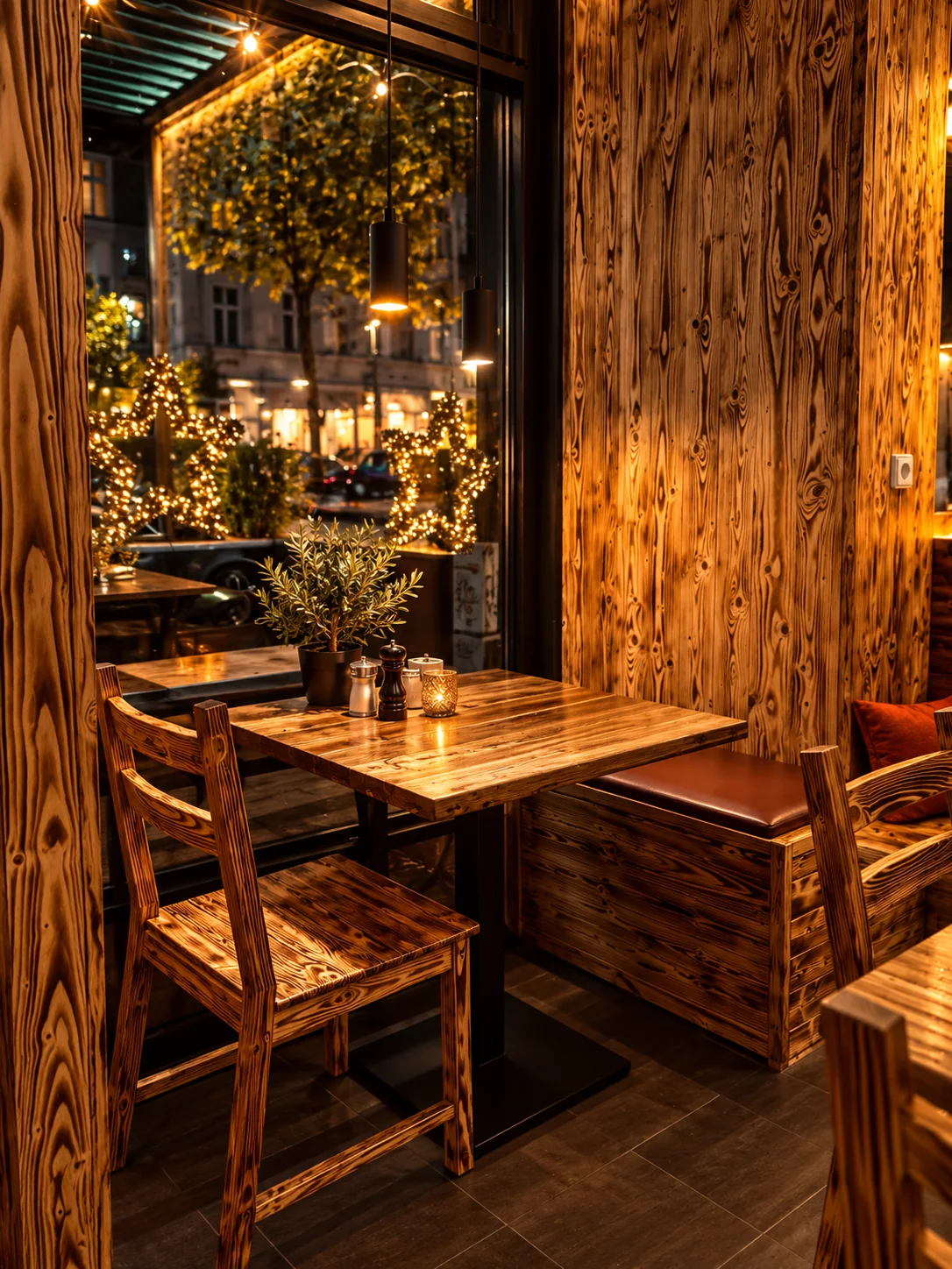 Coin chaleureux du restaurant Pooneh avec banquette et table en bois